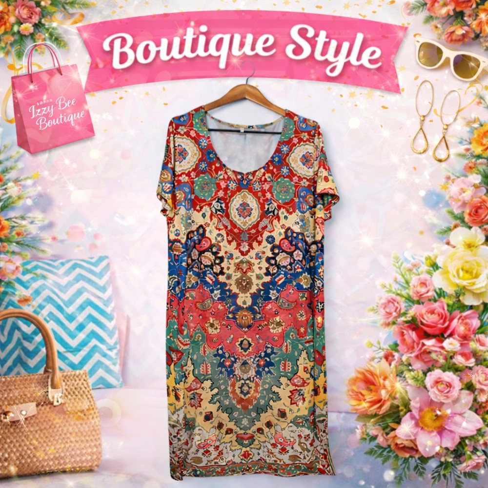 Boho Paisley Print Shift Dress XXL Multicolor Medallion